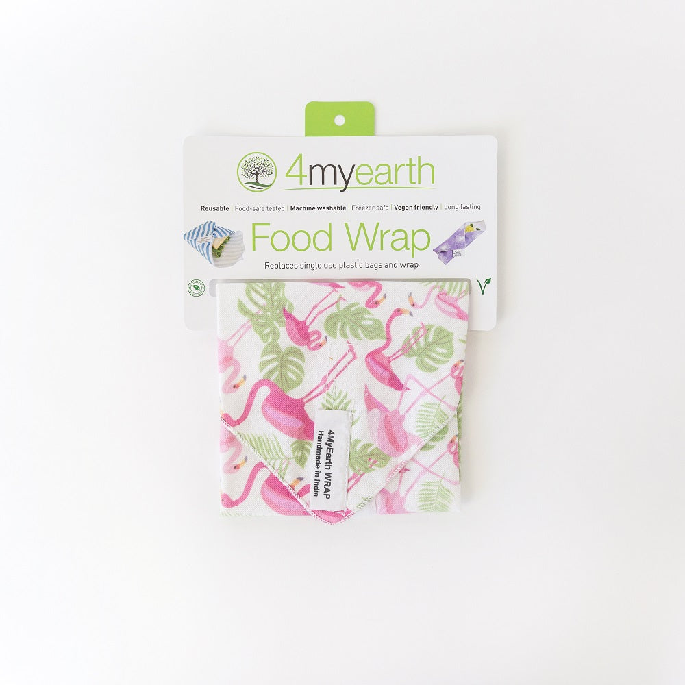 4MyEarth Sandwich Wrap in Flamingoes print, shown on card store packaging