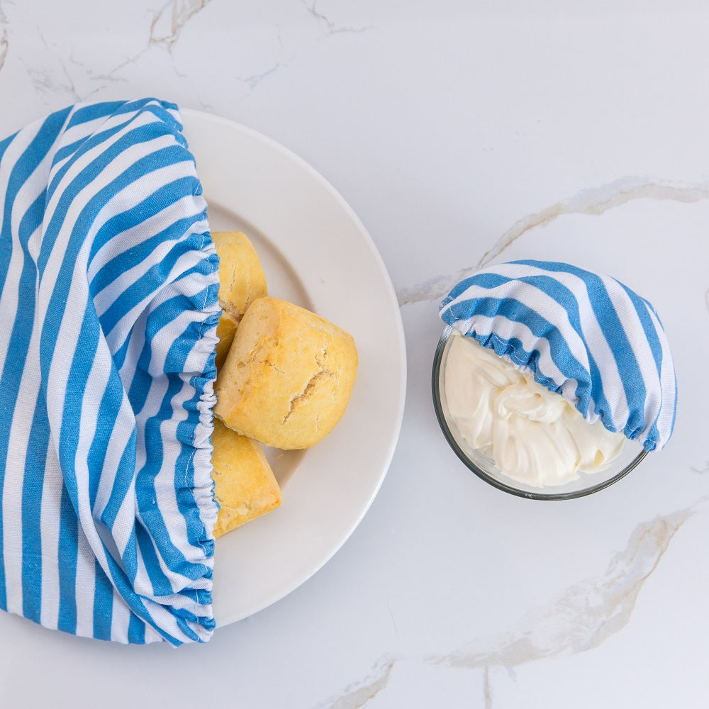 4MyEarth Food Cover XL Denim Stripe covering a plate of scones