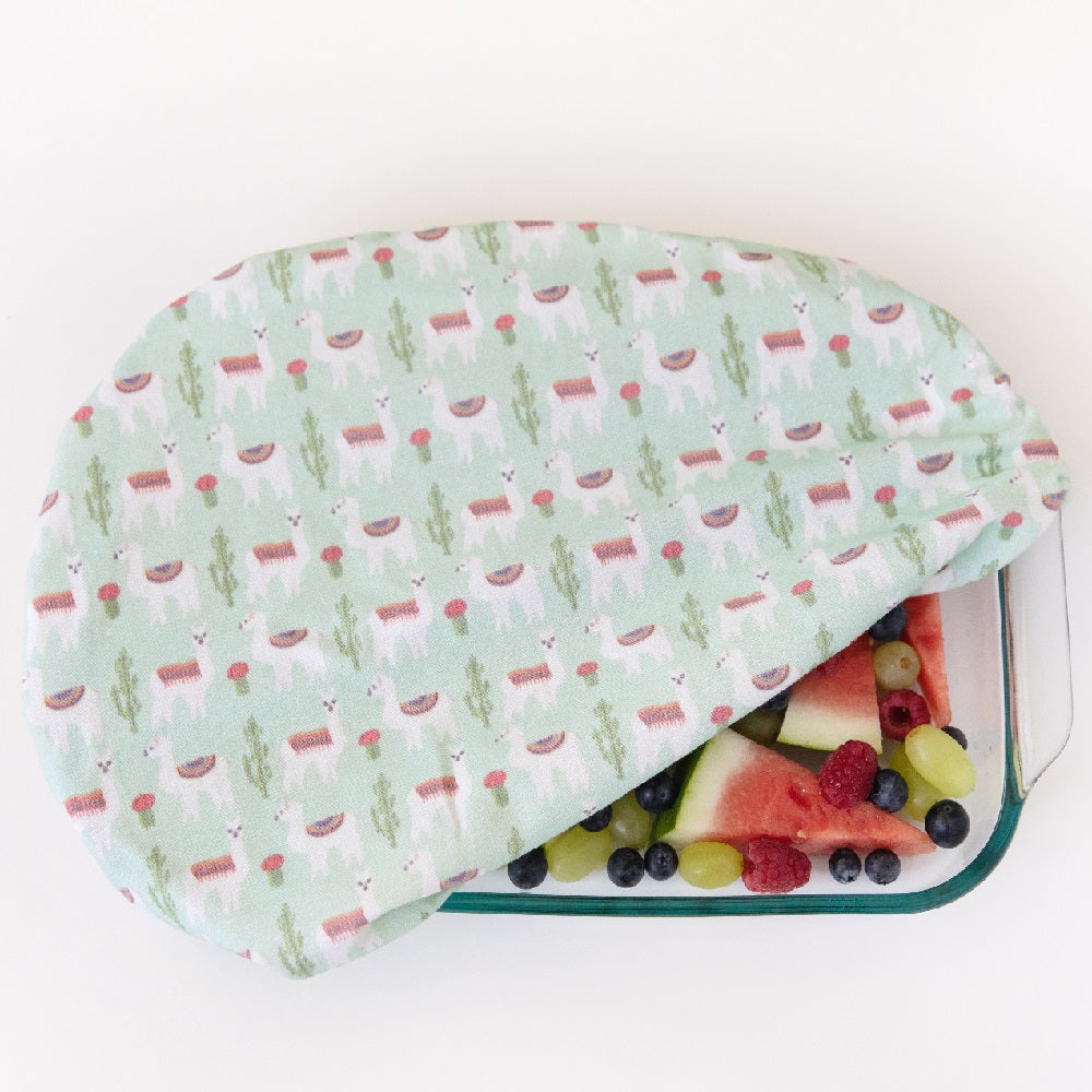 4MyEarth Food Cover XL in cute Llamas print over platter of fruit