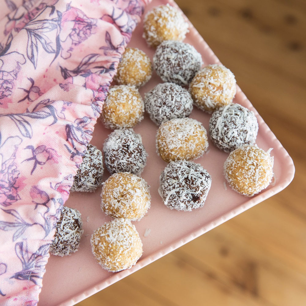 4MyEarth Food Cover XL in Peonies on a platter of bliss balls