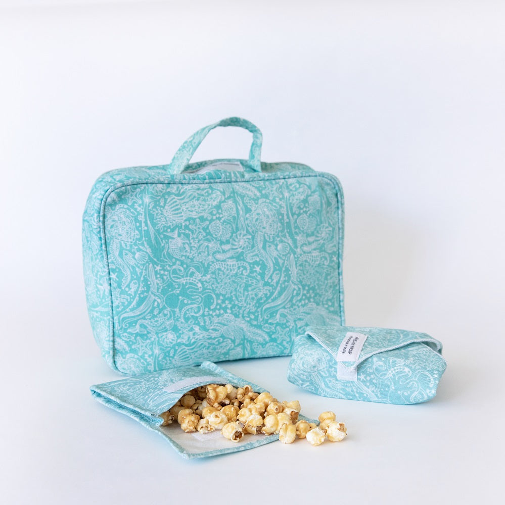 4MyEarth Lunch Case Ocean Life insulated lunch bag shown with matching Wrap and Pocket