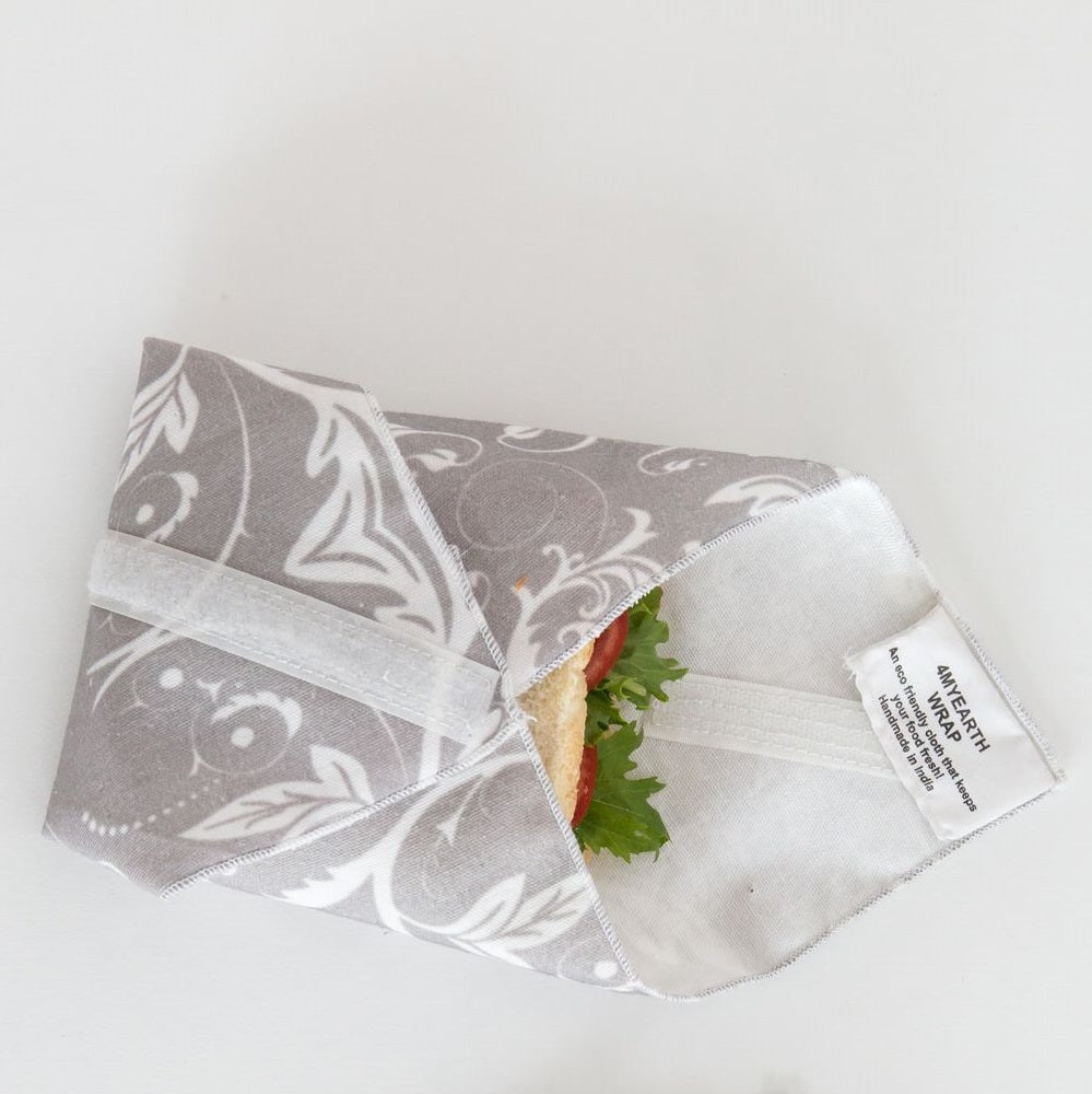 4MyEarth Sandwich Wrap in Silver Vine print with salad sandwich
