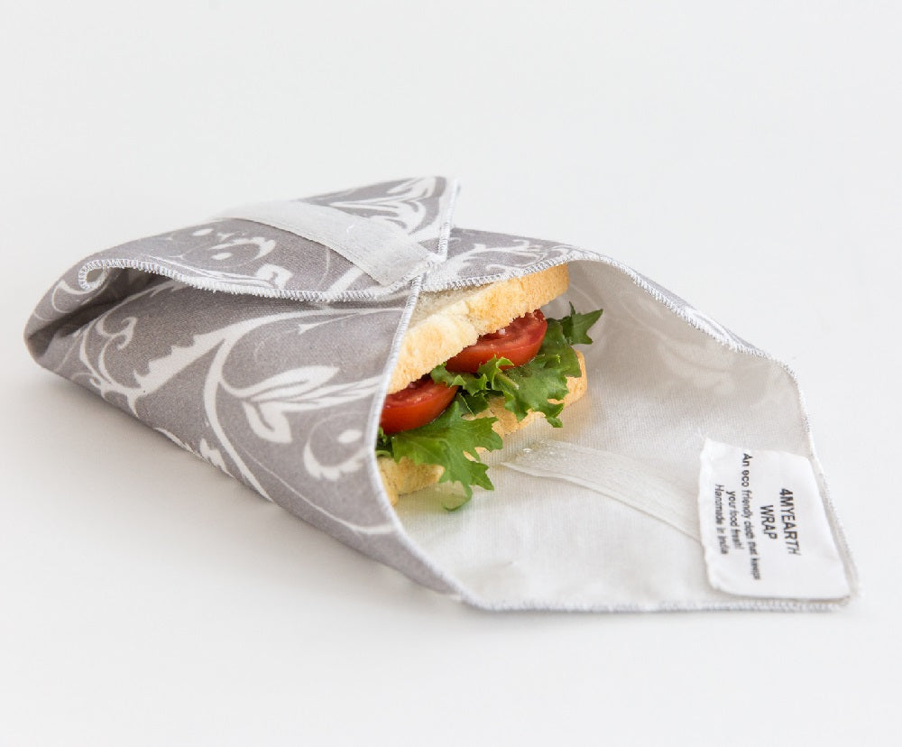4MyEarth Sandwich Wrap in Silver Vine print with salad sandwich